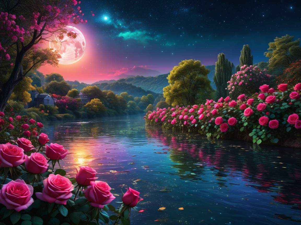 Serene river landscape under a vibrant moonlit sky