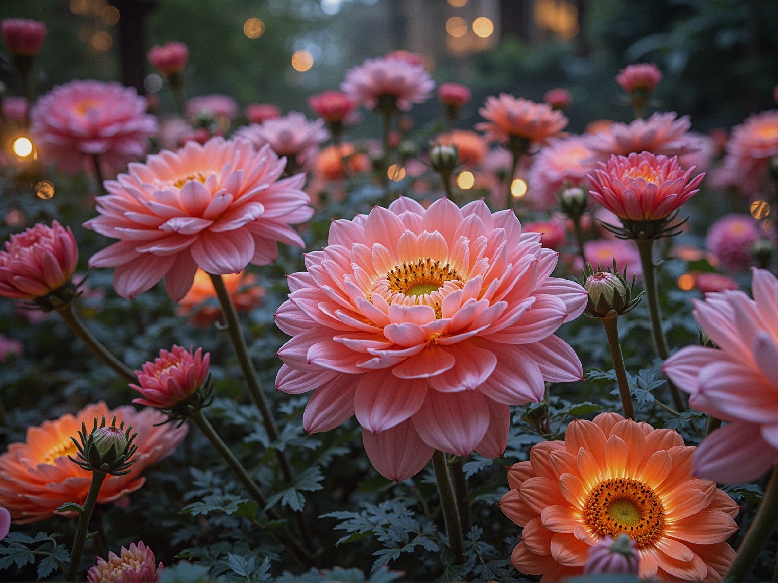 Lush Garden with Blooming Pink Flowers and Foliage