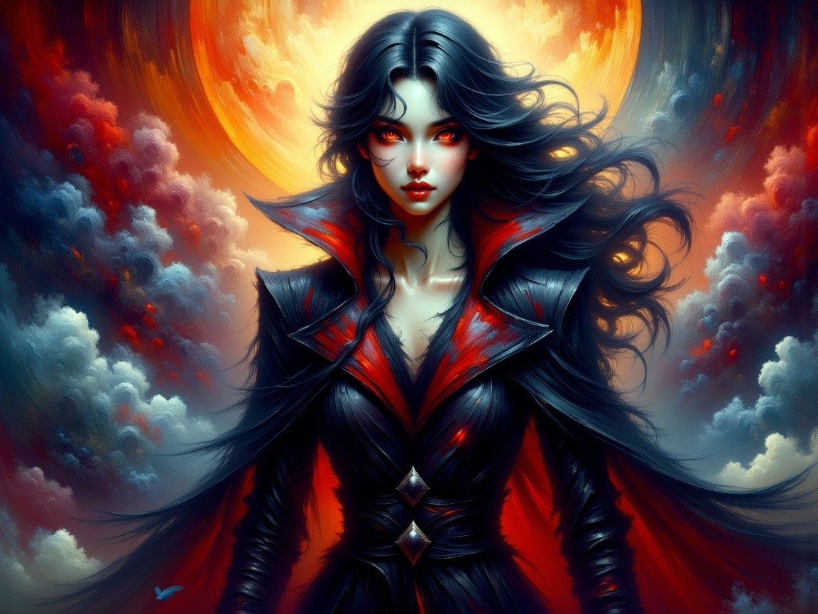 Gothic figure in black and red coat at sunset