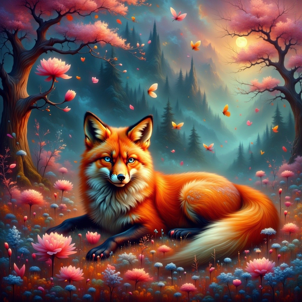 Vibrant Forest Scene with Fox, Flowers, and Sunset