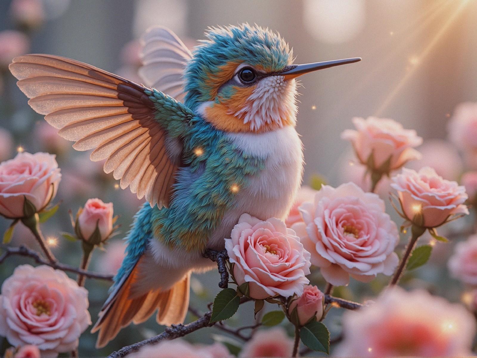 Iridescent Hummingbird Among Pink Roses in Sunlight