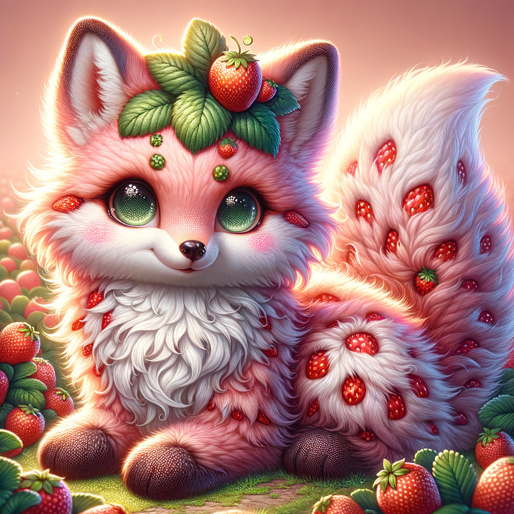 Fluffy Pink Fox with Strawberry Crown in Vibrant Landscape