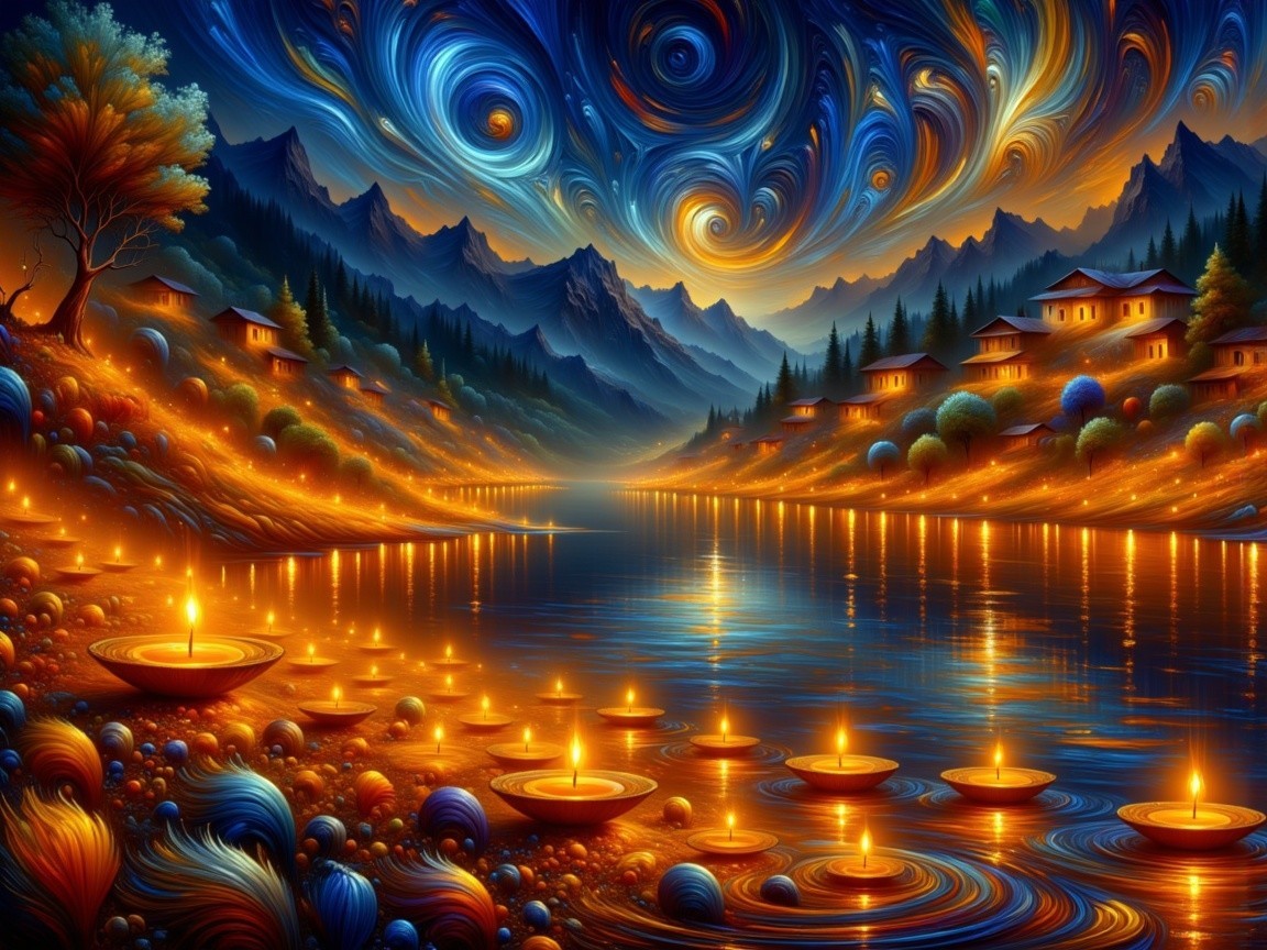 Tranquil River Scene with Floating Candles and Hills