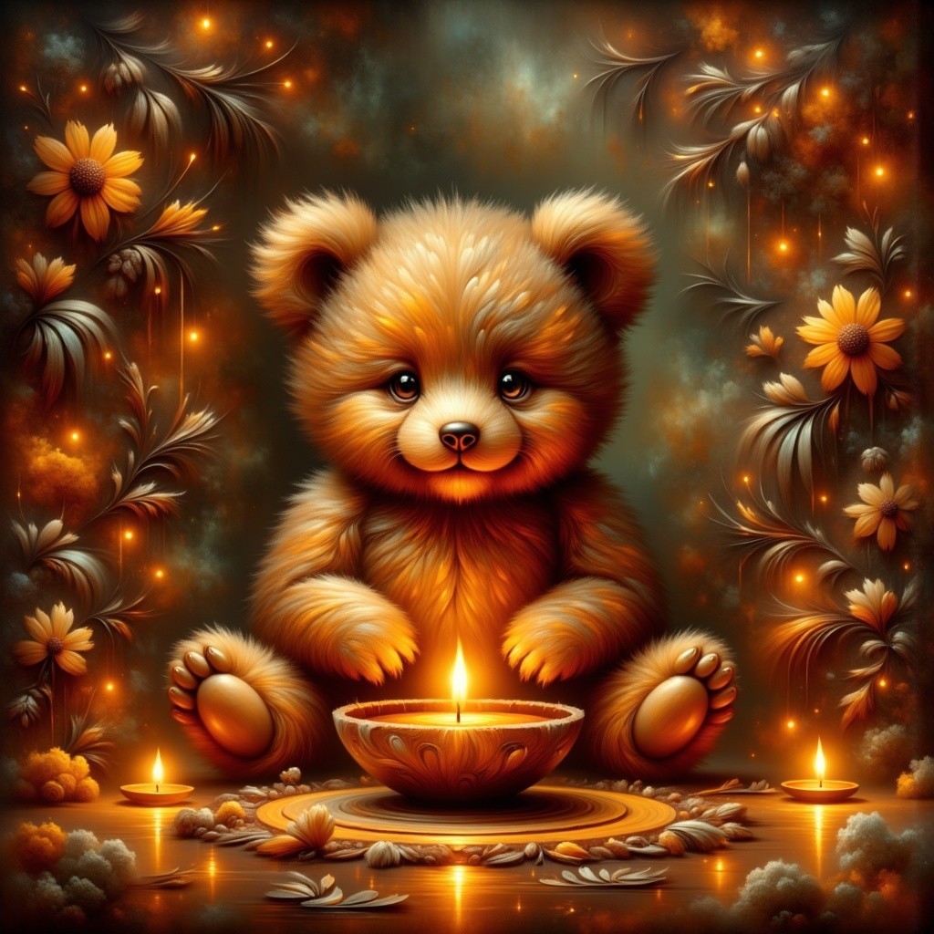 Fluffy teddy bear in a cozy, candlelit setting