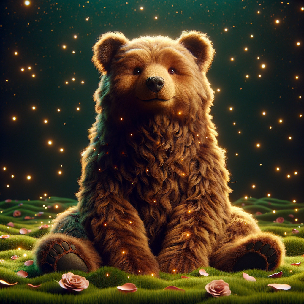 Fluffy bear in a vibrant meadow with rose petals