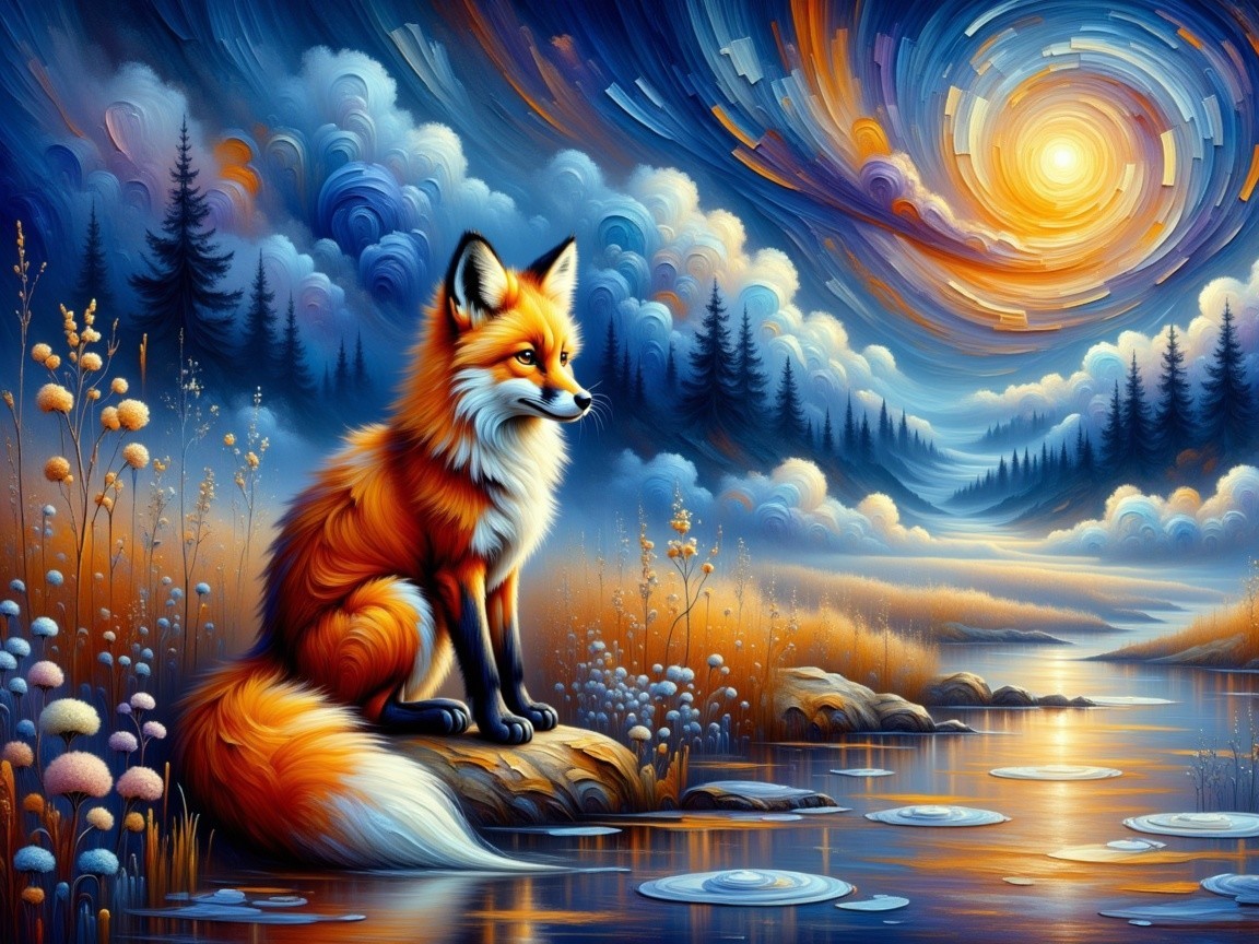 Surreal Landscape with Orange Fox by Tranquil River