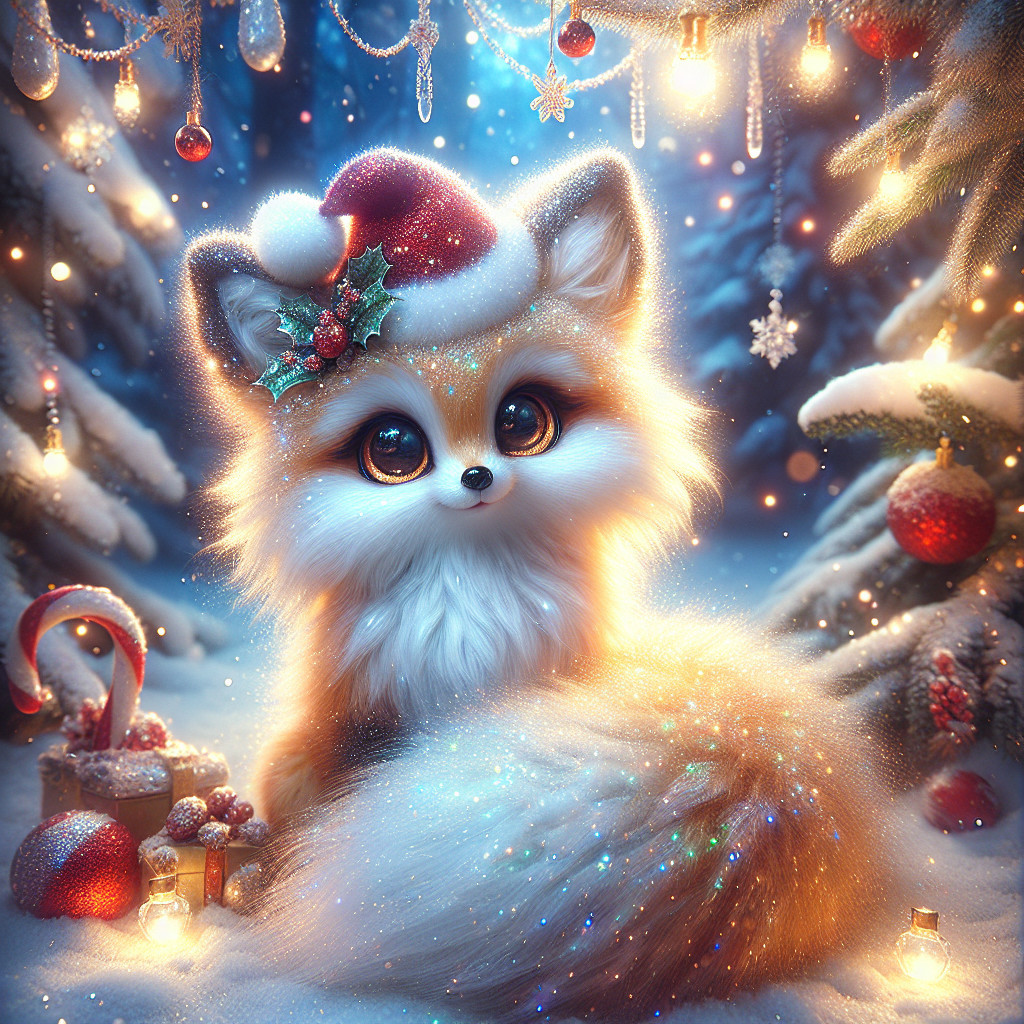 Tiny Fox in Santa Hat in Sparkling Winter Forest