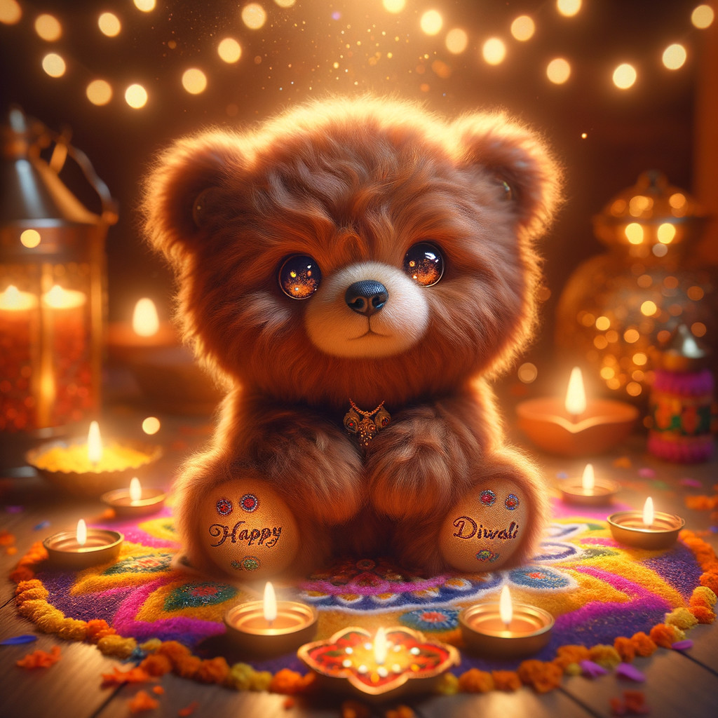 Teddy Bear Surrounded by Diwali Decorations and Lights