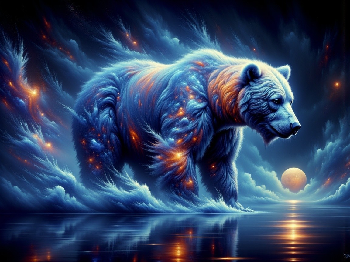 Majestic bear against a cosmic and ethereal backdrop