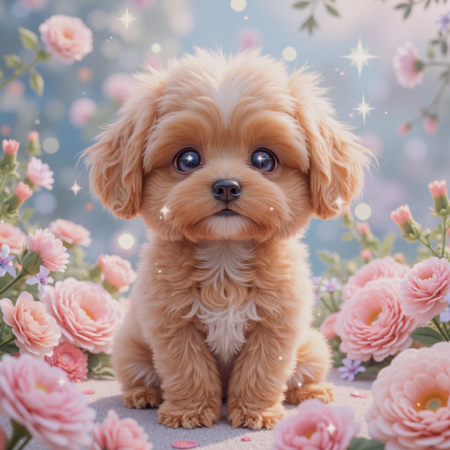 Fluffy Puppy Surrounded by Pink Roses and Stars