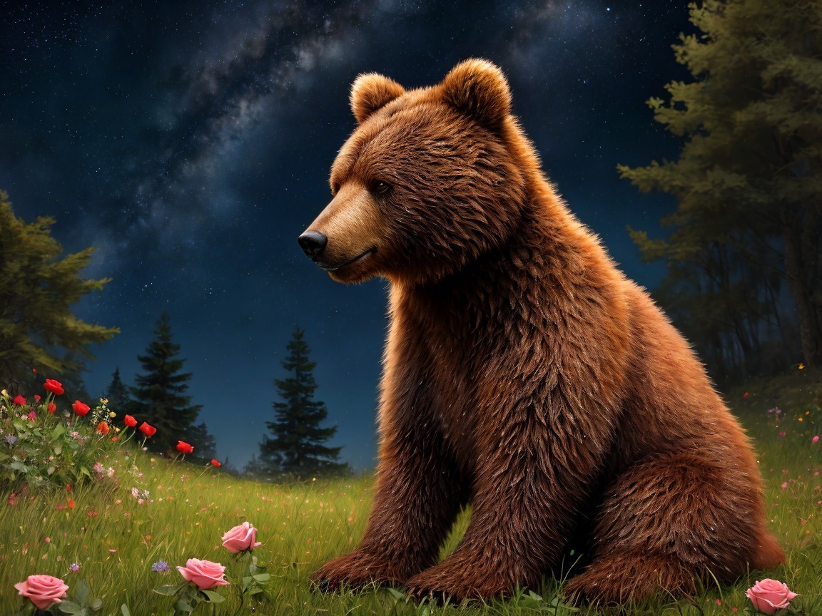 Brown bear in a flower-filled meadow under stars