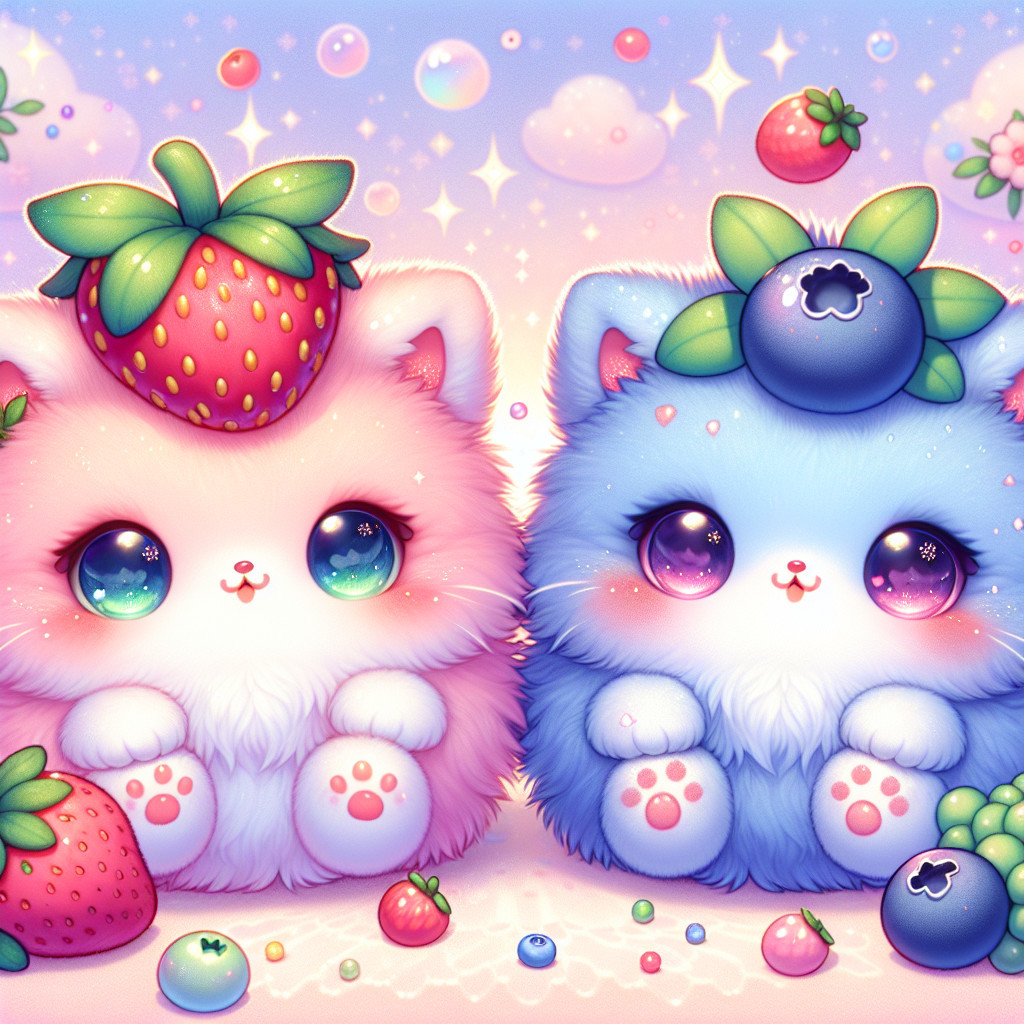 Fluffy Kittens with Fruit Hats in a Colorful Scene