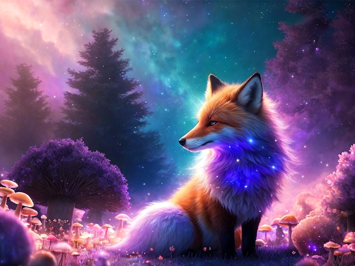 Majestic fox in whimsical forest under starlit sky