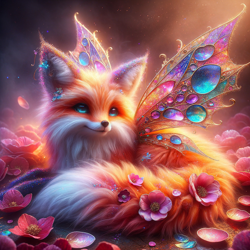 Whimsical fox with butterfly wings in a floral scene