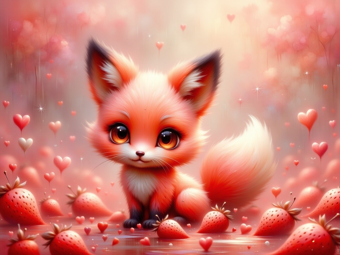 Fluffy Fox Among Vibrant Strawberries and Hearts