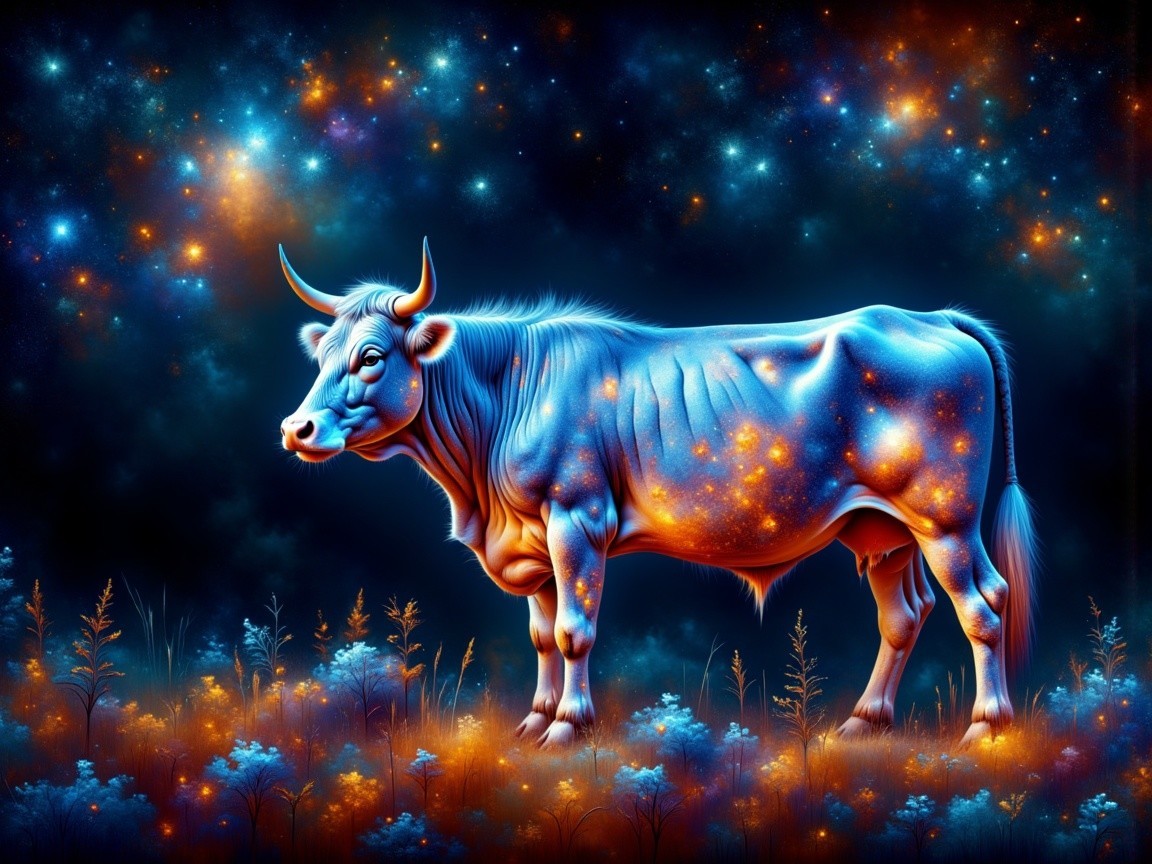 Majestic cow against a cosmic starry backdrop
