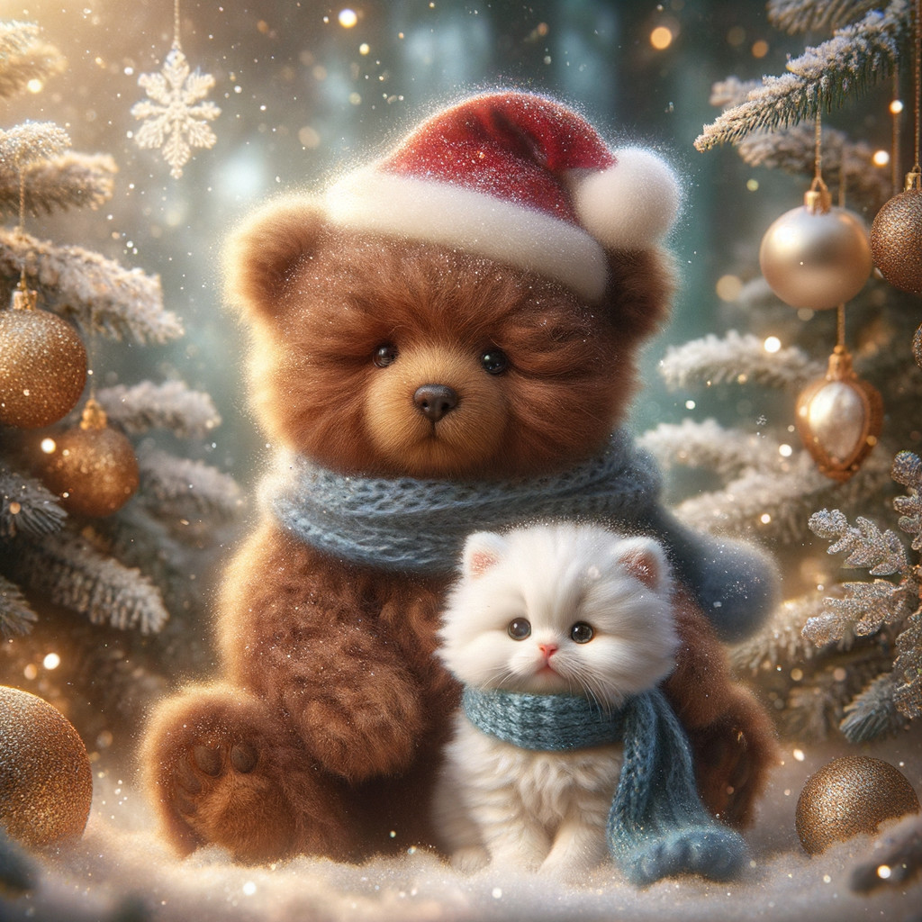 Fluffy teddy bear and kitten in a snowy Christmas scene