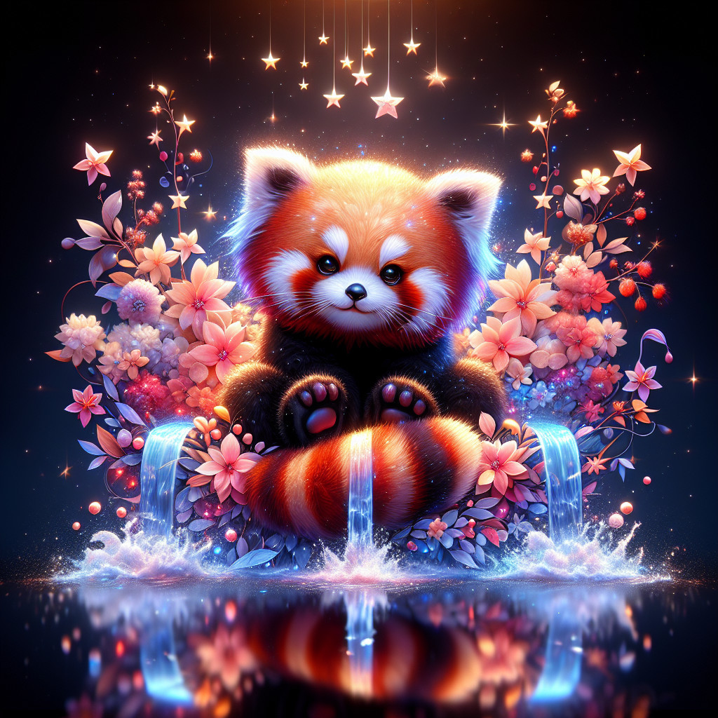 Whimsical Red Panda Surrounded by Flowers and Waterfalls