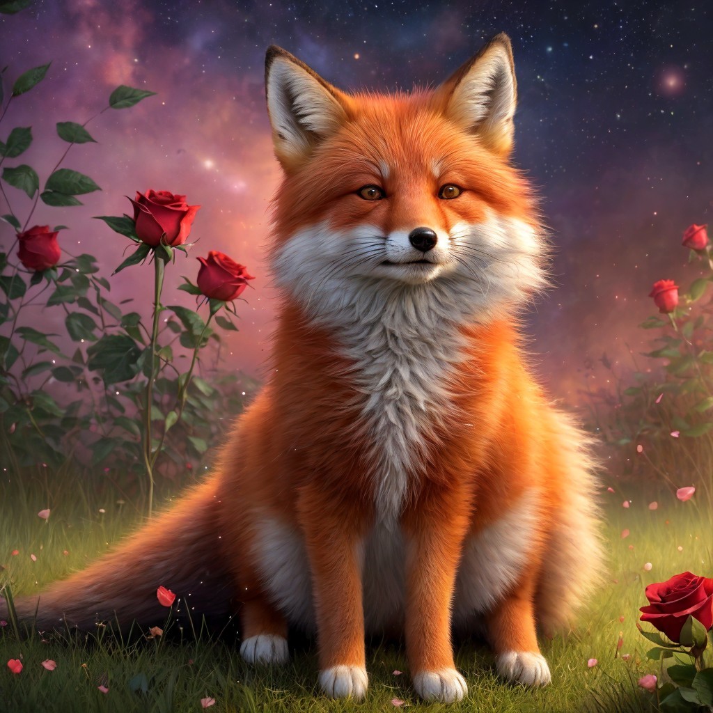 Orange fox in a field of red roses under a starry sky