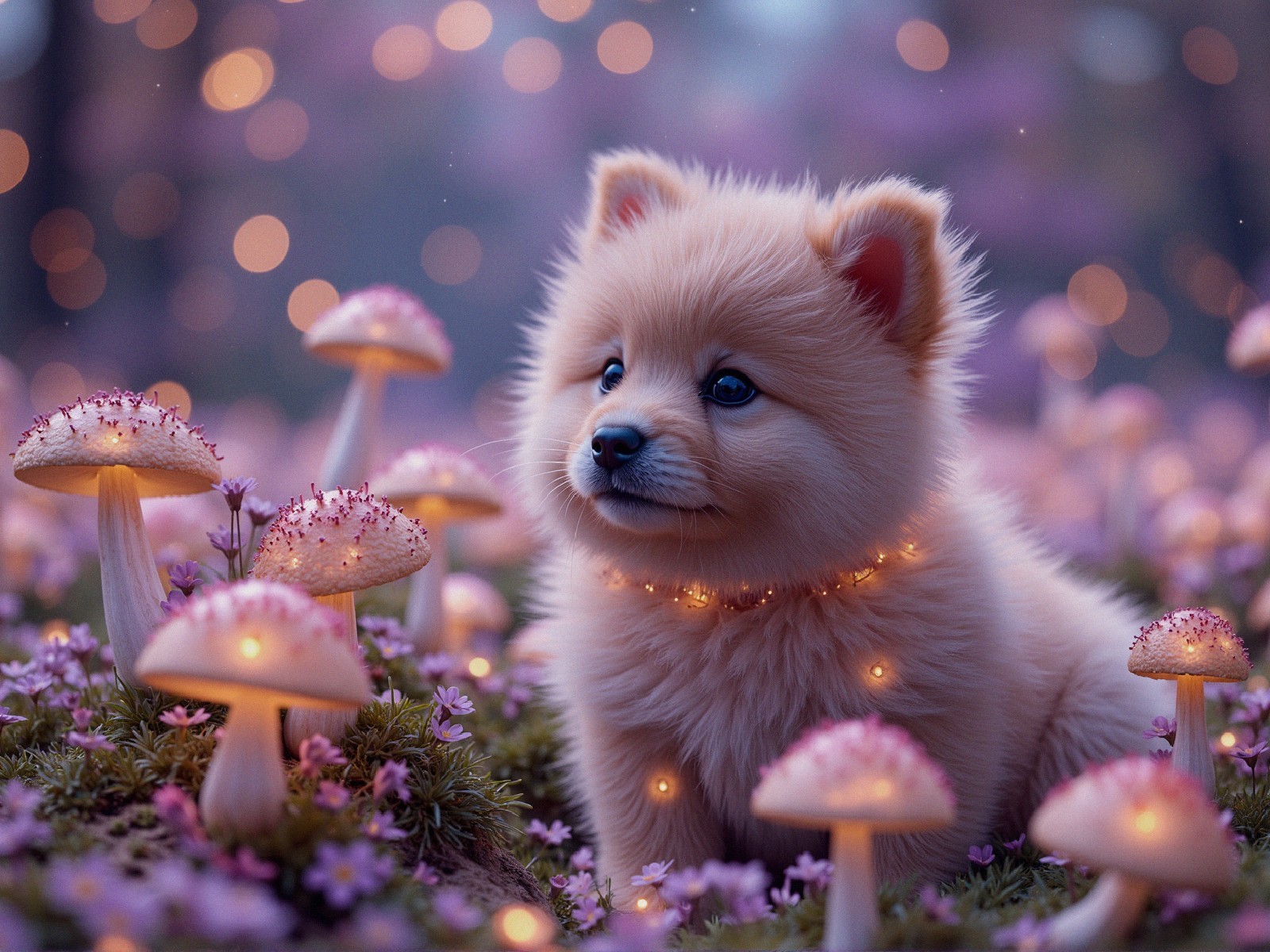 Fluffy Puppy in Whimsical Landscape with Mushrooms