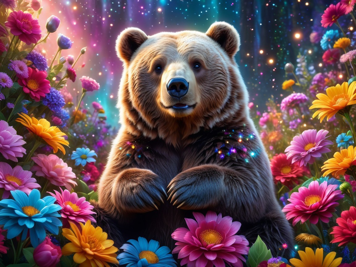 Charming bear in a vibrant flower-filled meadow
