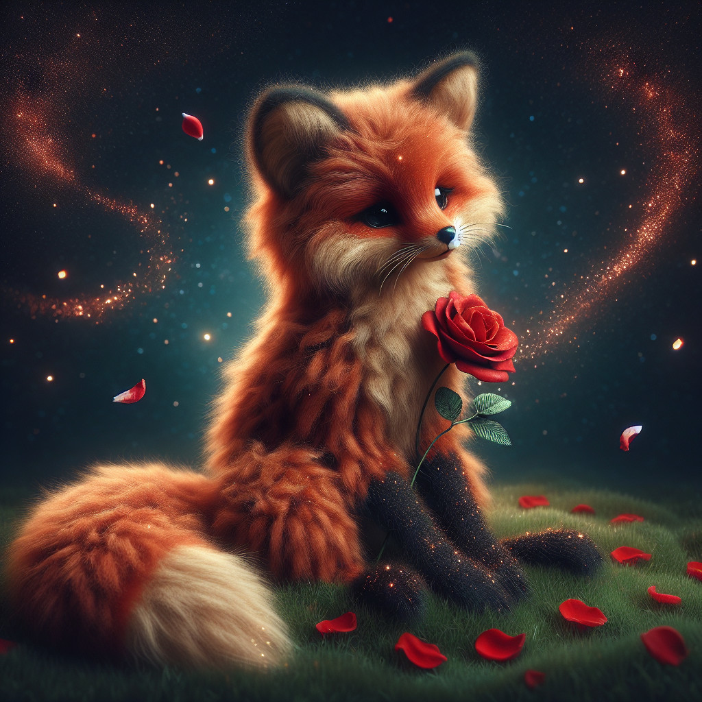 Anthropomorphic fox with rose in a magical setting