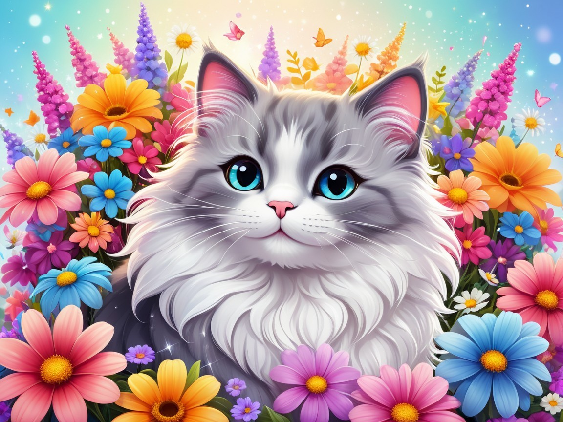 Fluffy Gray and White Cat in a Colorful Garden