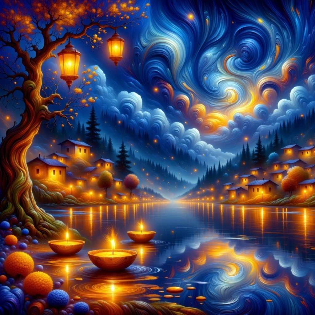 Tranquil Night Scene by a Serene River and Houses