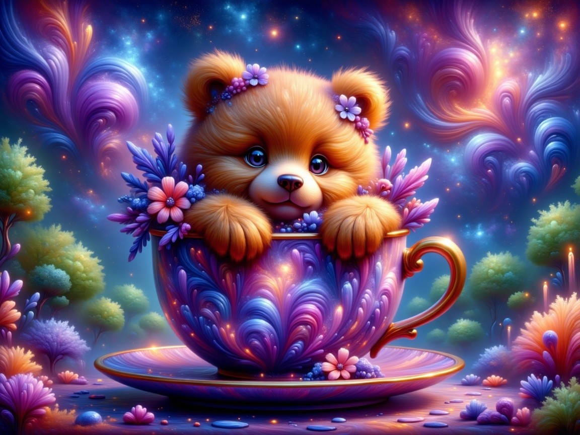 Fluffy Bear Cub in Ornate Teacup Surrounded by Colors