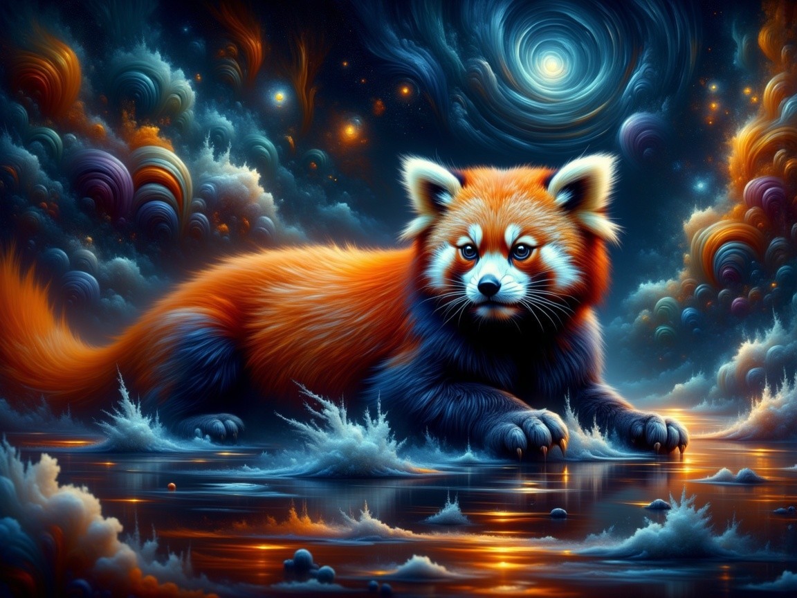 Whimsical Red Panda in Cosmic Landscape Setting