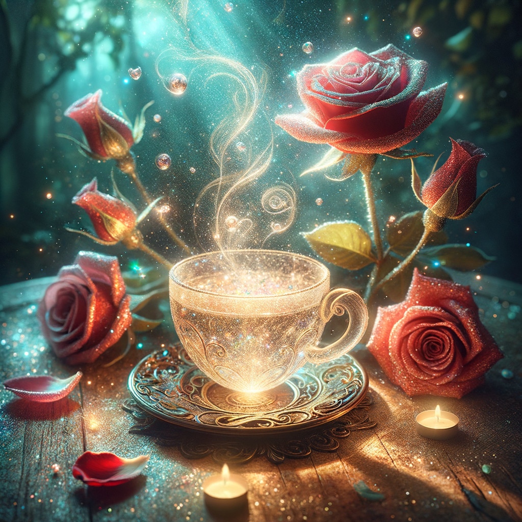 Ornate Teacup Surrounded by Roses and Candlelight