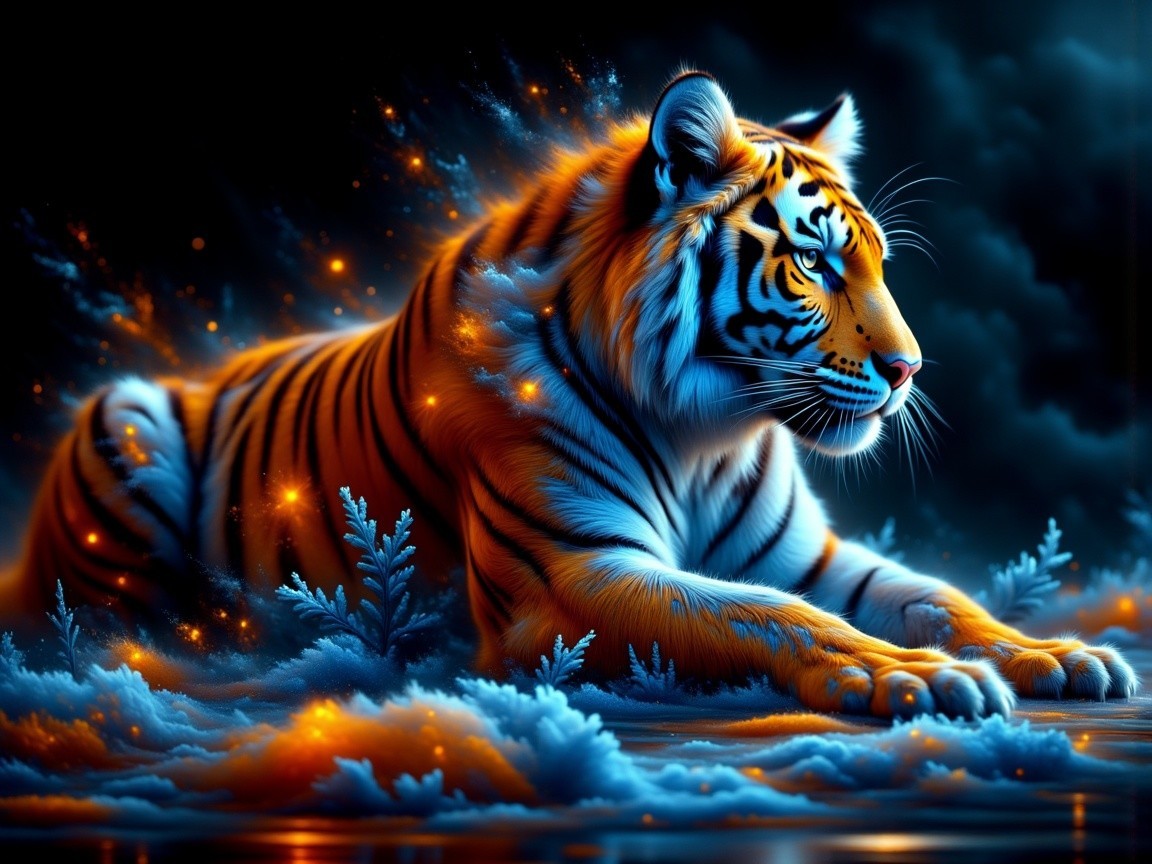 Majestic tiger with vibrant stripes against blue backdrop