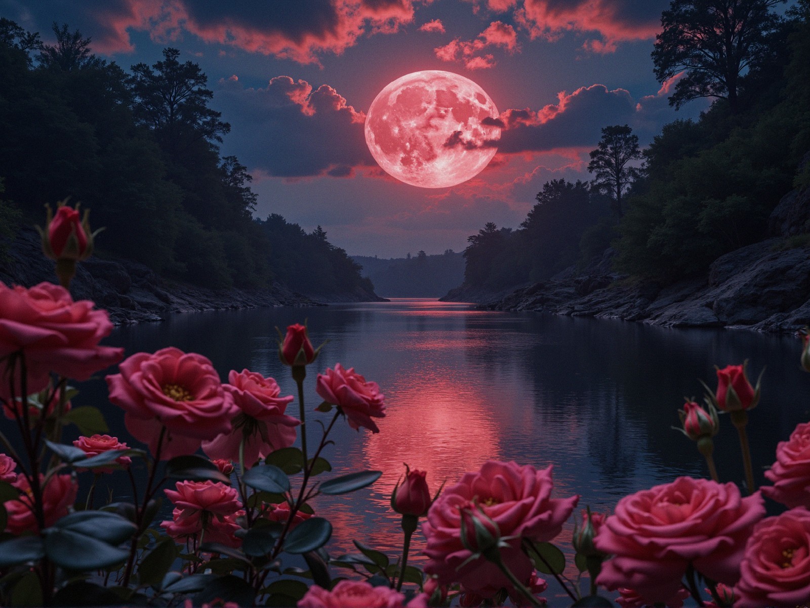 Serene river at sunset with luminous moon and roses