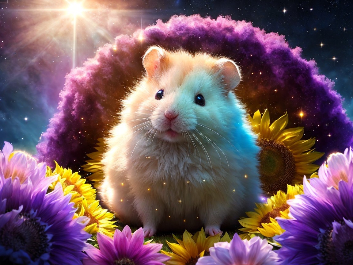 Fluffy Hamster Surrounded by Sunflowers and Stars