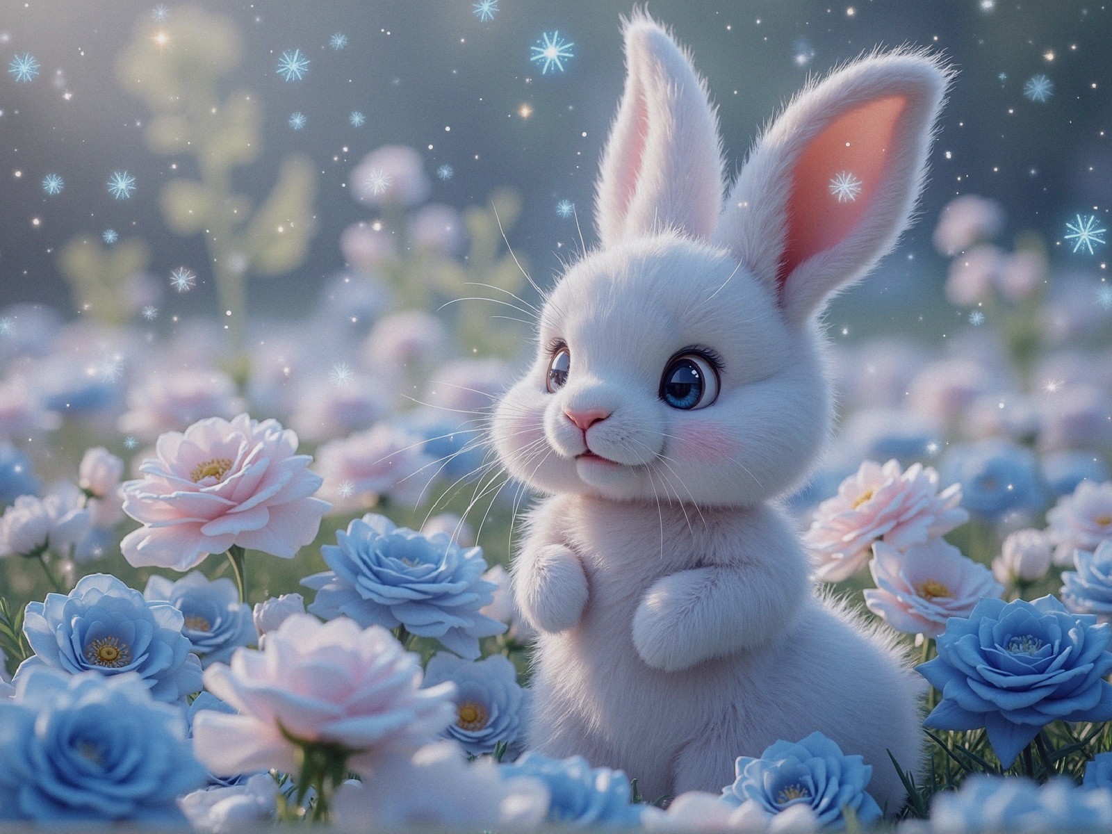Fluffy White Bunny in a Field of Blue Flowers