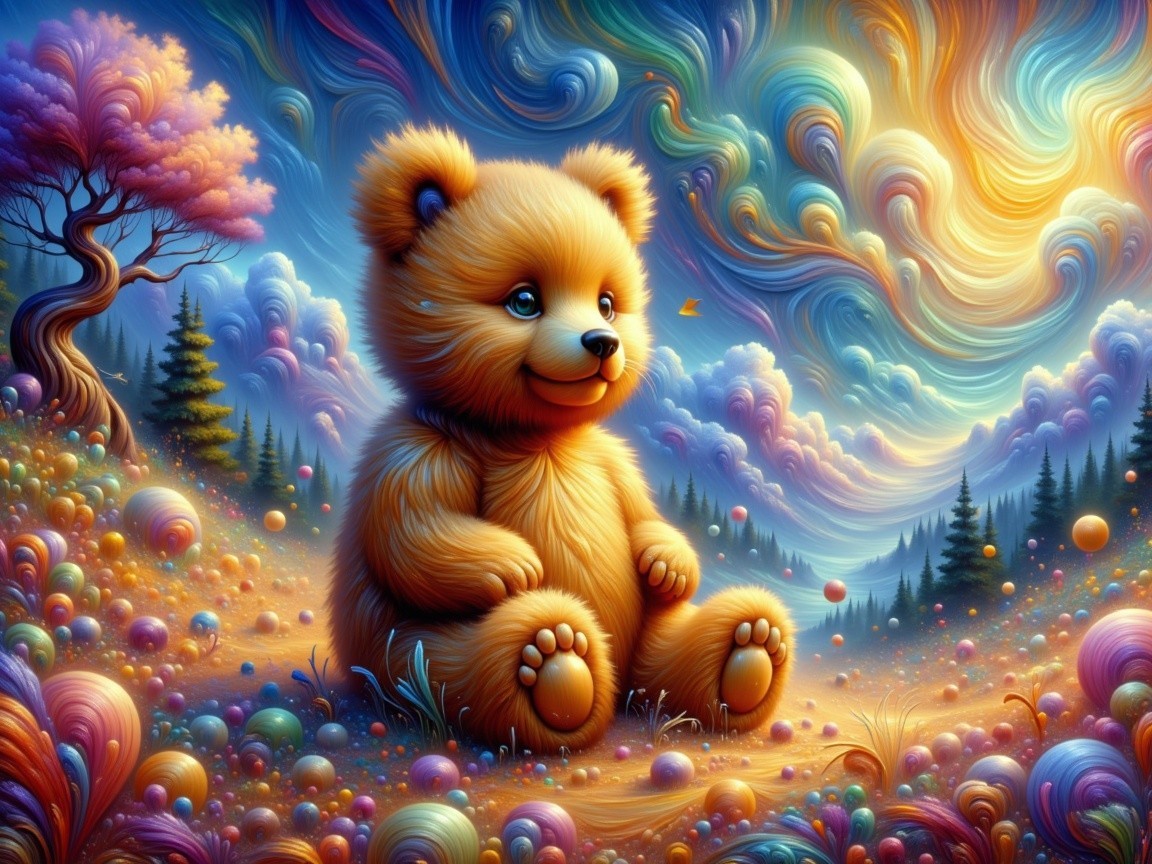Whimsical Landscape with Colorful Teddy Bear and Trees