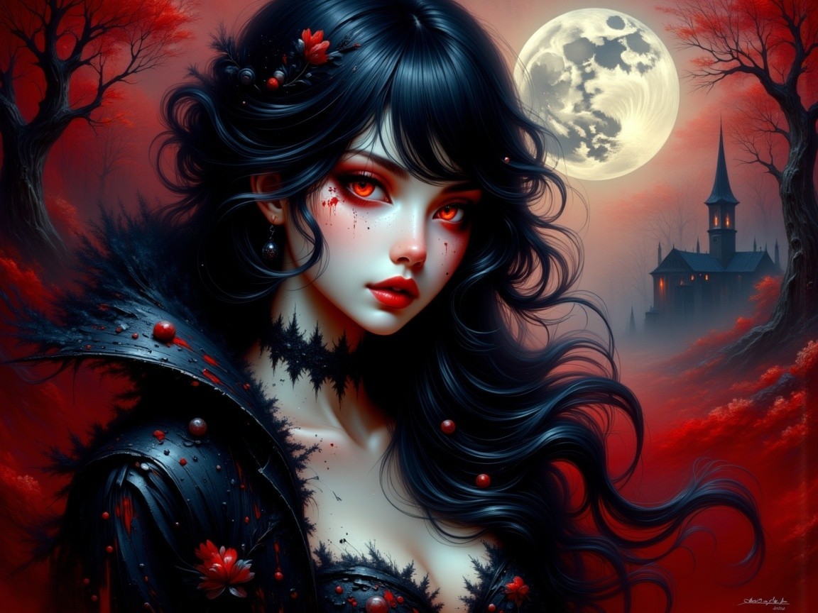 Ethereal Woman in Dark Gown in Moonlit Forest Scene