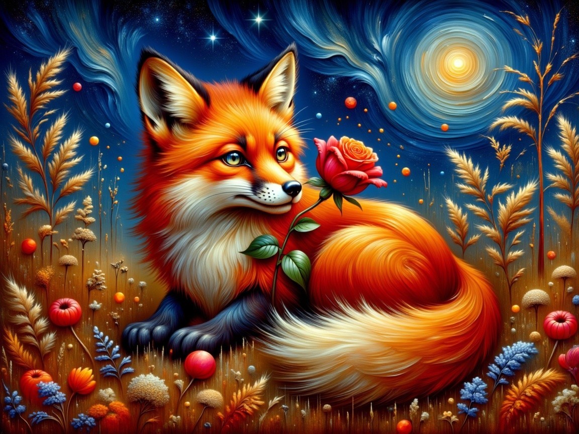 Colorful fox in whimsical landscape with flowers and rose