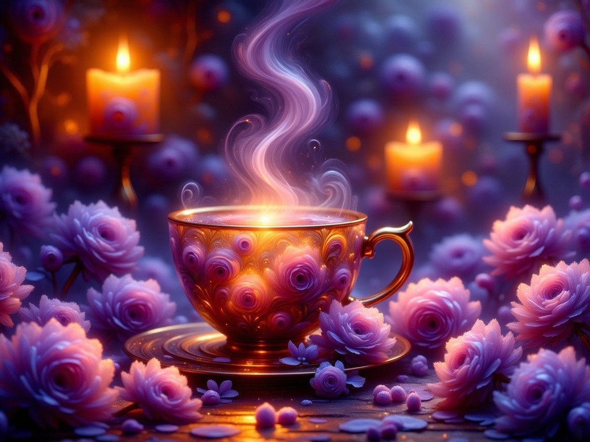 Ornate teacup with roses and soft candlelight ambiance