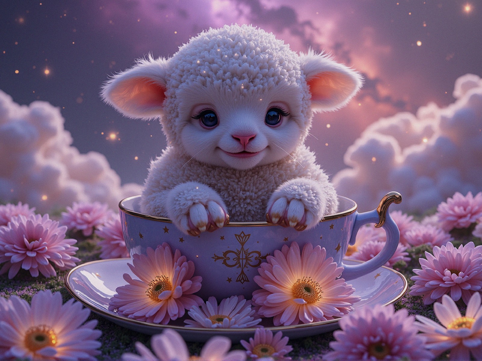 Fluffy Lamb in Teacup Surrounded by Flowers and Stars