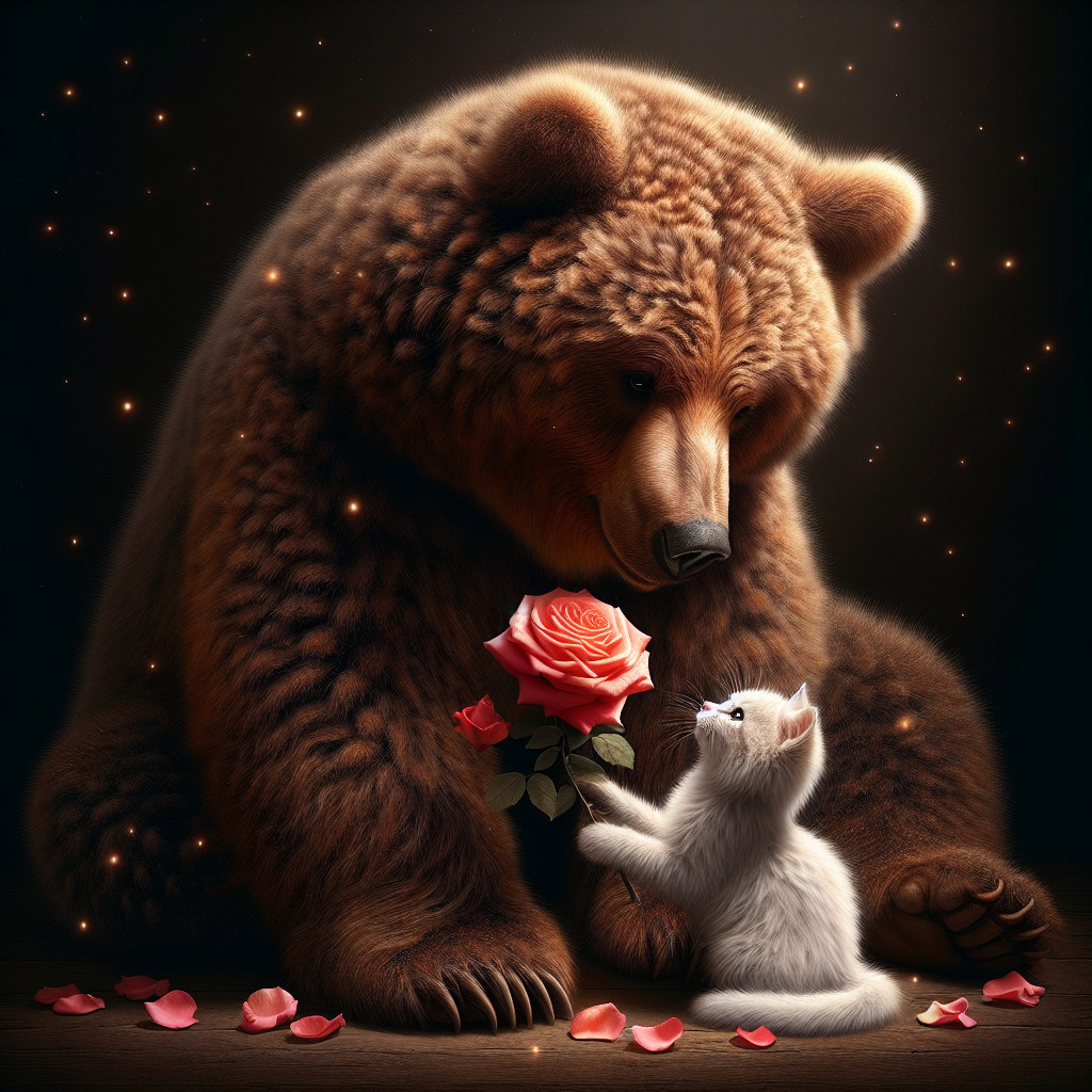 Bear and Kitten Share a Rose in Enchanting Scene