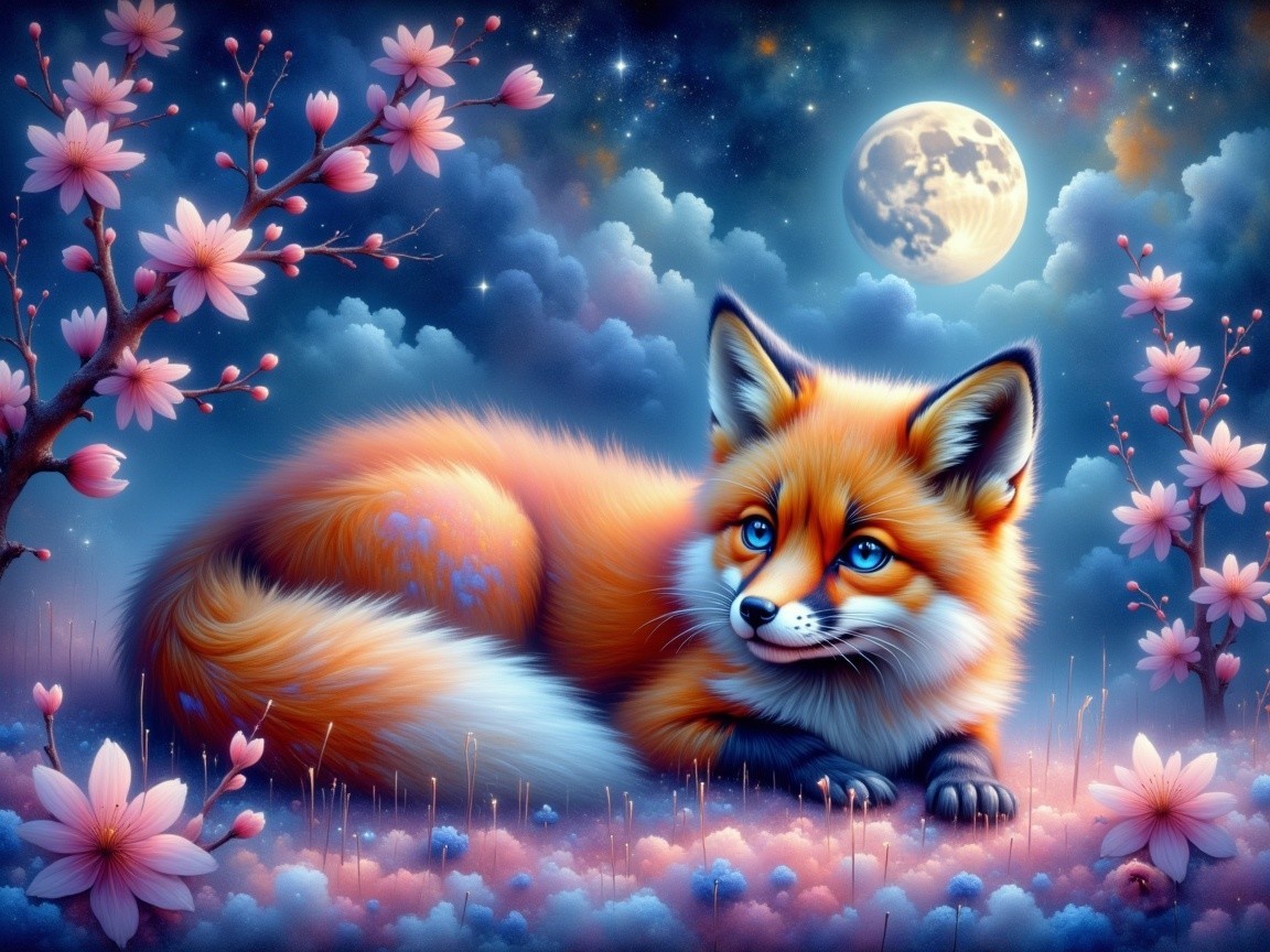 Fox Resting Among Cherry Blossoms Under Moonlight