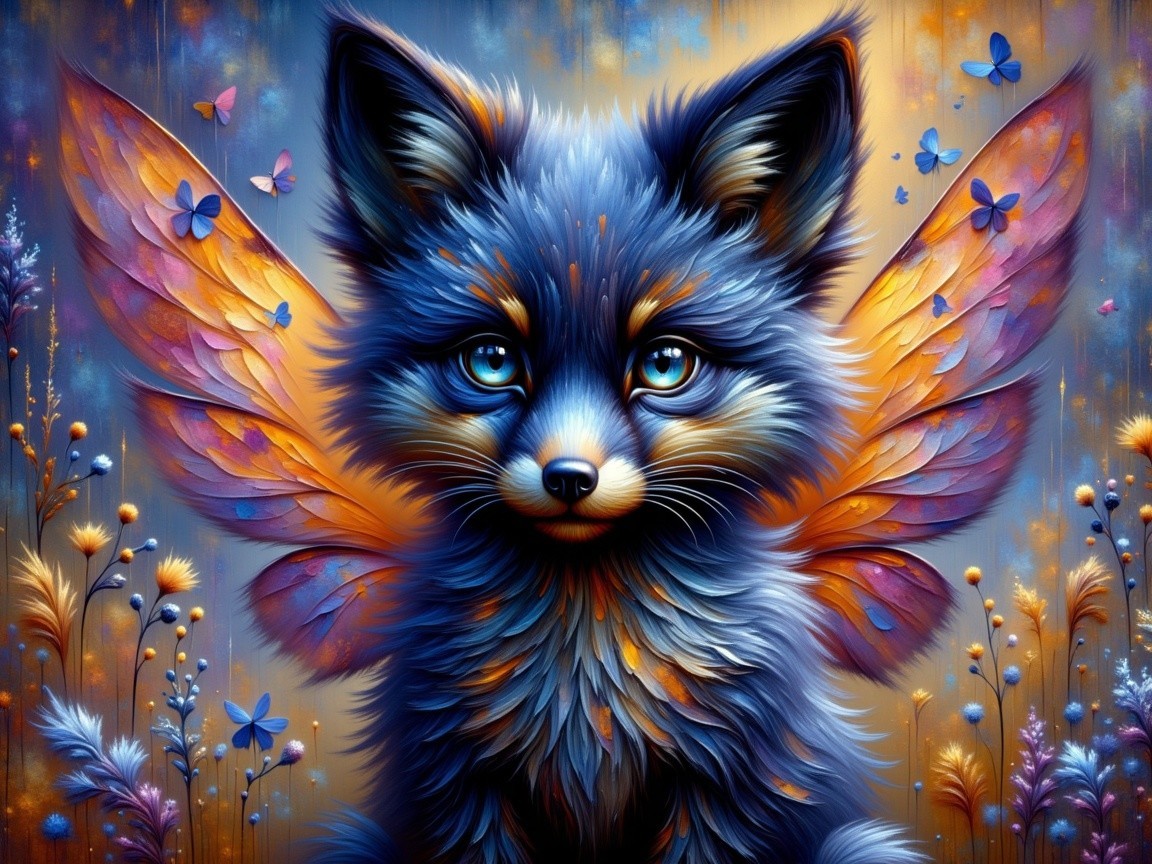 Whimsical Blue Fox with Butterfly Wings in Floral Scene