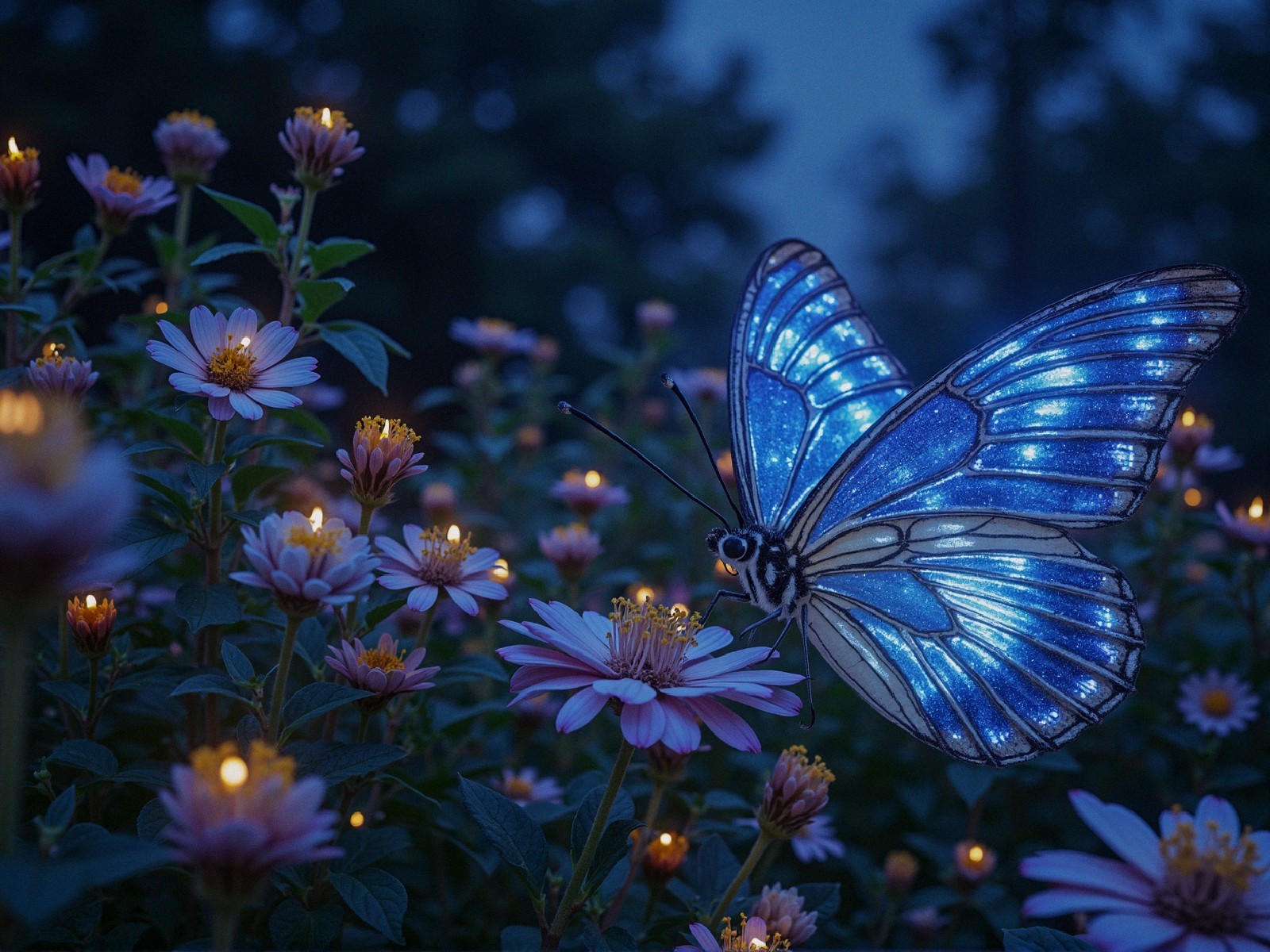 Butterfly with Glowing Blue Wings Among Night Flowers
