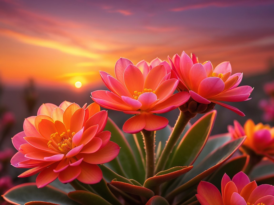 Vibrant Pink and Orange Flowers at Sunset Scene
