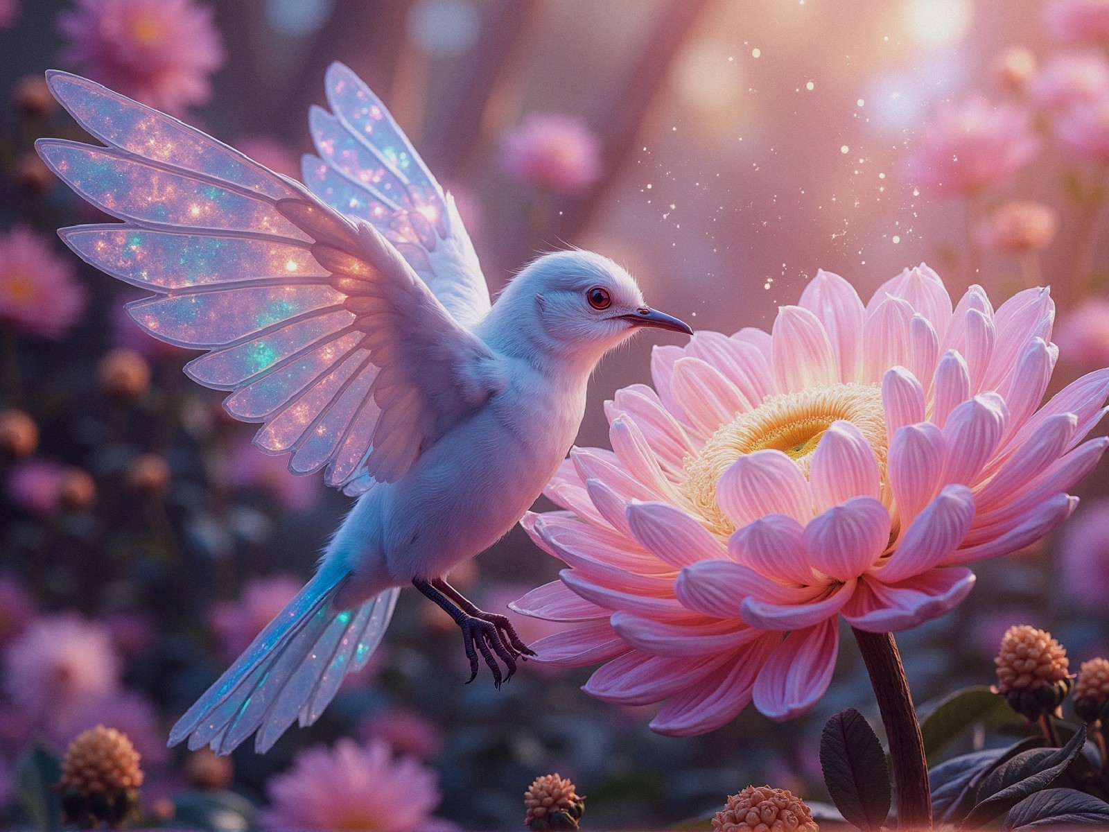 Whimsical Bird with Pastel Wings in Enchanted Garden