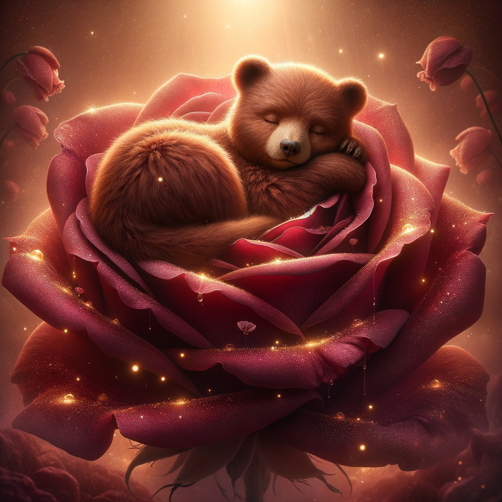 Fluffy Bear Cub Resting in a Vibrant Rose