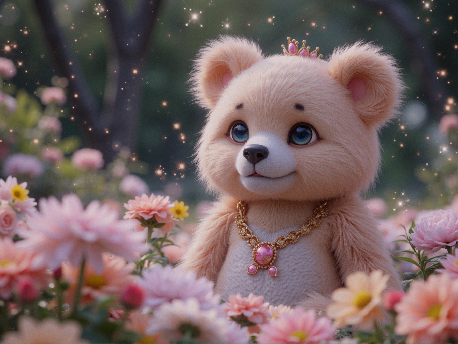 Animated bear in a vibrant garden with pink flowers
