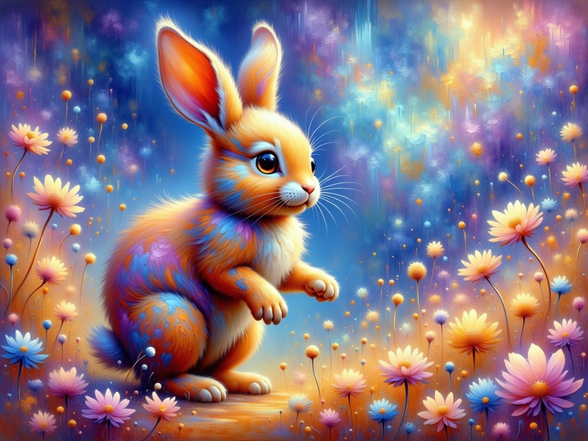 Fluffy Rabbit in a Colorful Flower Field Scene