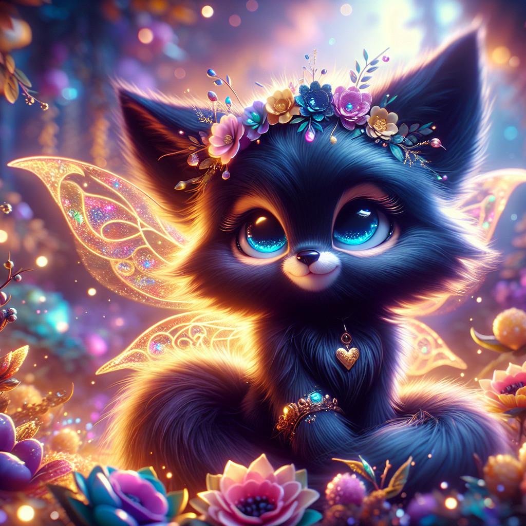 Whimsical Black Fox with Fairy Wings in Vibrant Garden